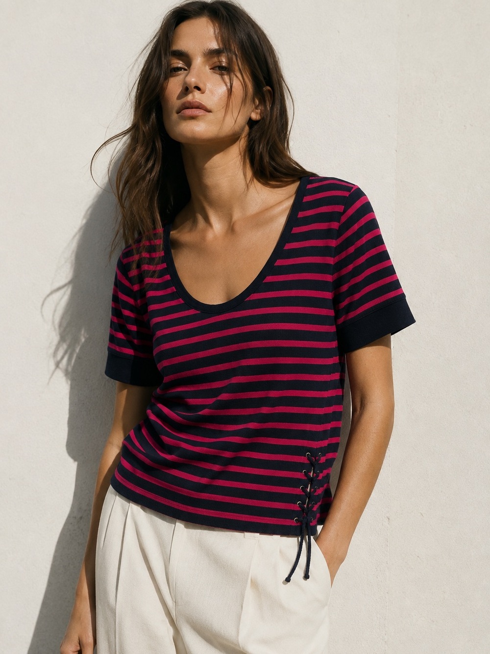 CHAPS Petite Pink Navy Stripe Cotton Knit Scoop Neck Lace Up Top PL